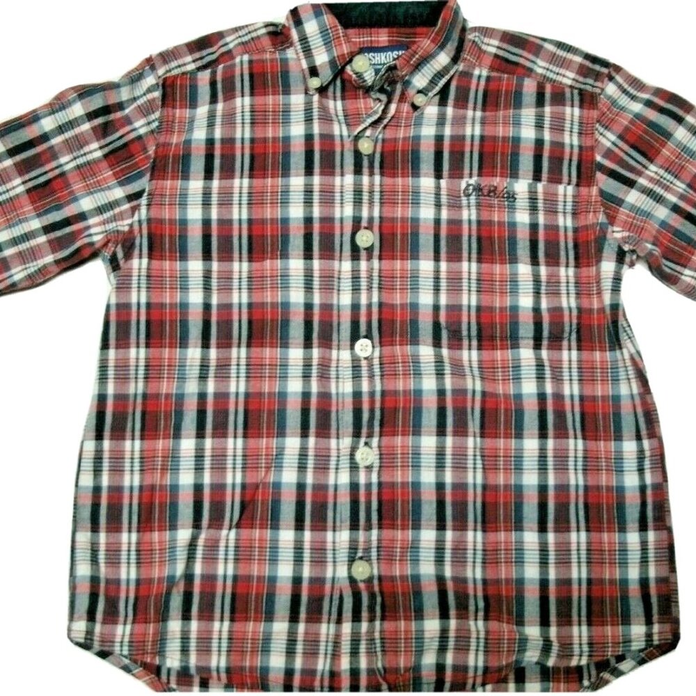 Oshkosh Boys Shirt Button Down Plaid Red Navy Long Sleeve Size 5